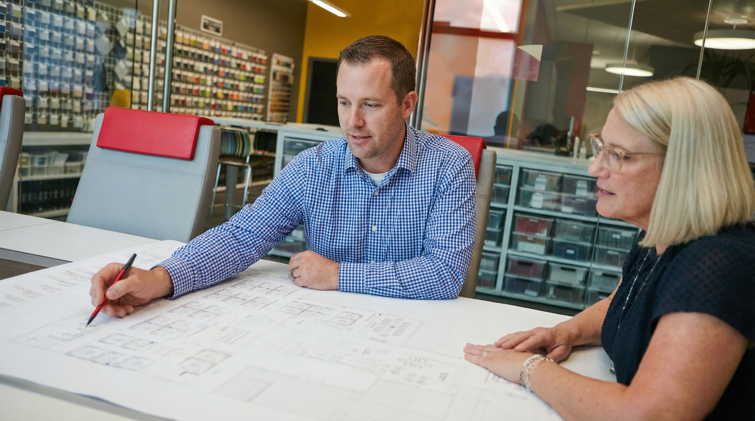 Man pointing at office space plans spread out on a table. A woman looks at the plans.