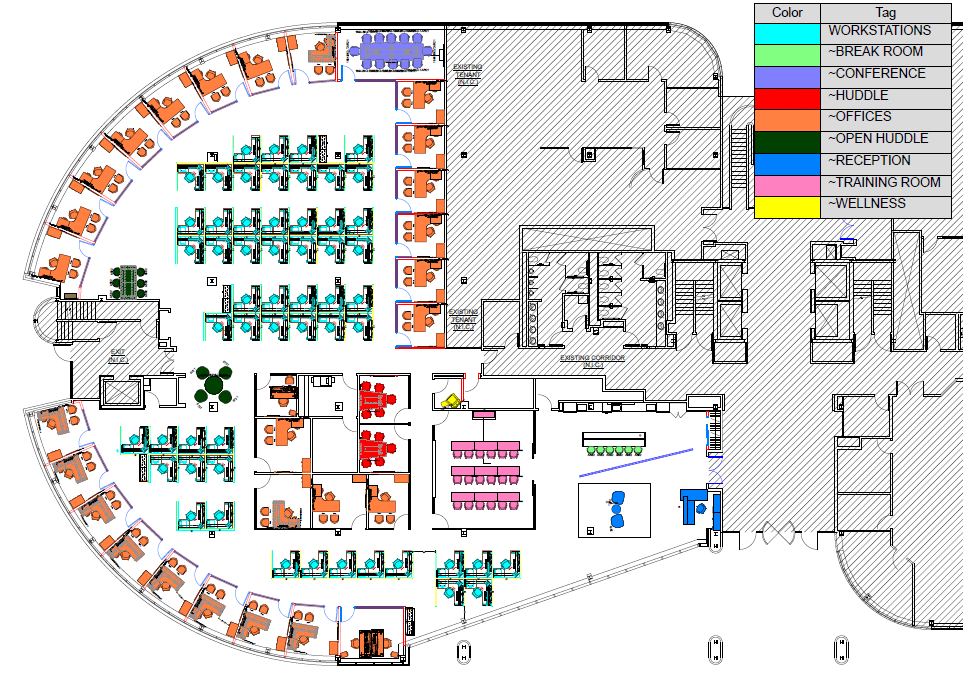 Color-coded floor plan of a Long Island office showing workstations, private offices, training, and conference rooms
