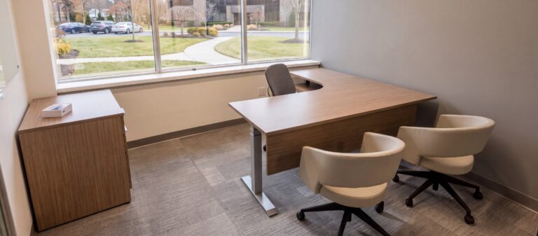 Private office with L-shaped sit-to-stand desk, storage credenza, and two guest chairs